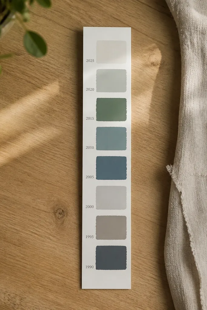 Timeline strip with paint swatches and small year labels beside a