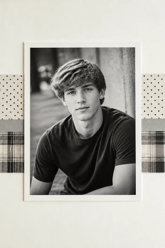 Black-and-white with two patterned paper bands and minimal caption