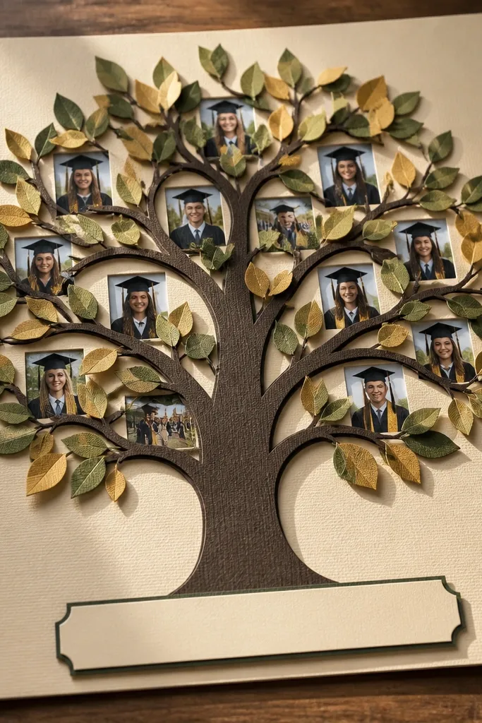 Layered tree silhouette with raised paper leaves and a shadowed frame