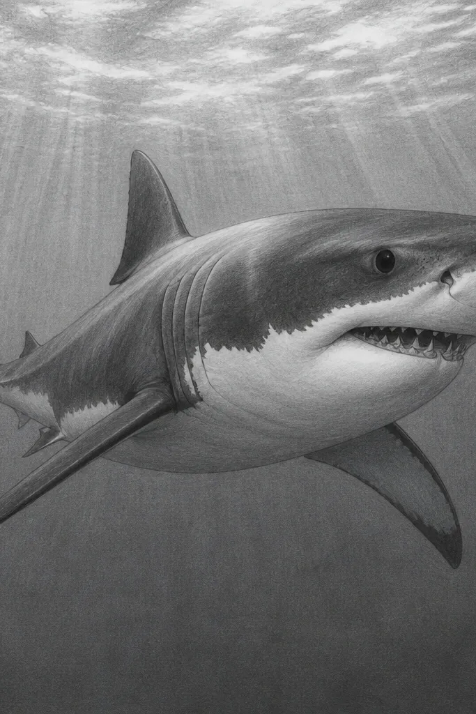Black and gray shark drawing with a bright white belly highlight and smooth graphite shading