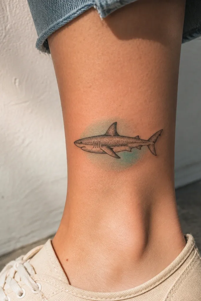 Ink shark outline with fine stippling and a soft seafoam gradient behind it