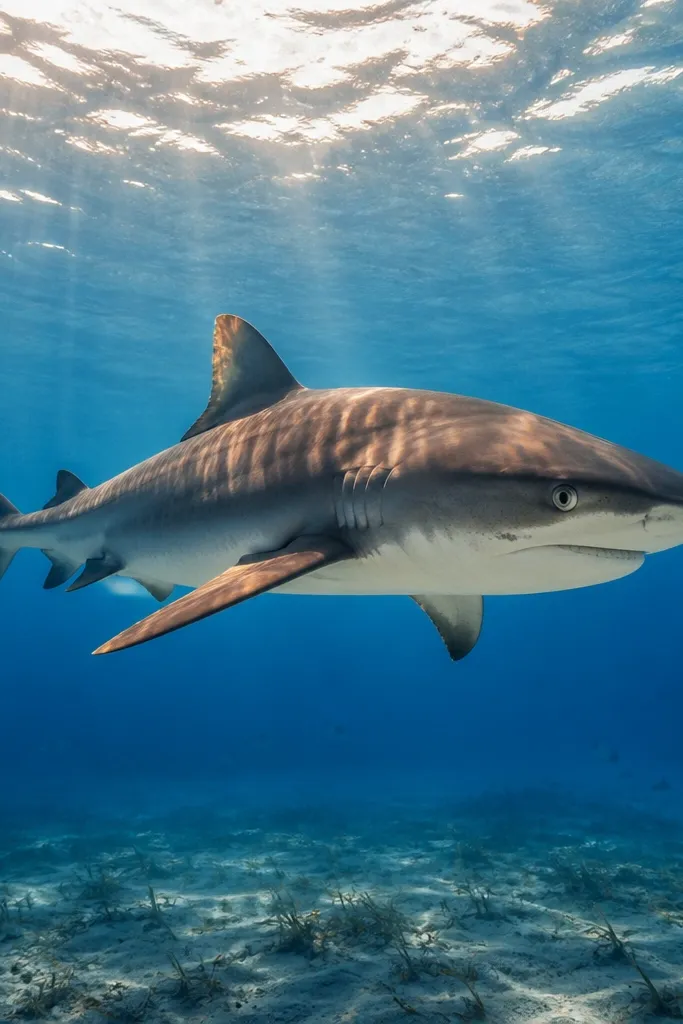 Shark colored with smooth marker gradients and cool blue shadows, warm highlights on fins