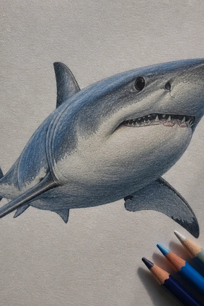 Shark drawing with layered colored pencils and soft dark shadow bands under fins and jaw