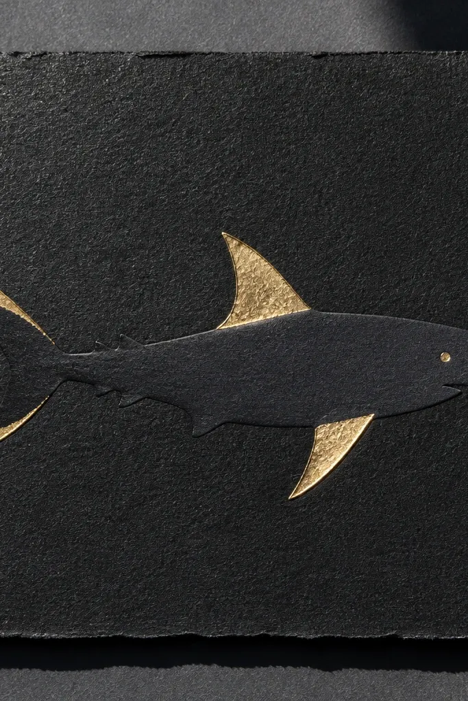 Shark silhouette on black textured paper with gold leaf highlights on fins and eye