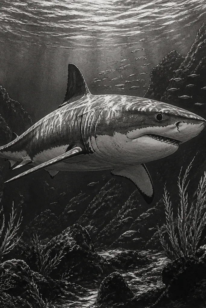 Black ink underwater scene with a shark and crisp white gel pen highlights