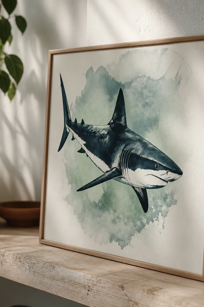 Navy ink shark with watercolor wash background and crisp fin edges