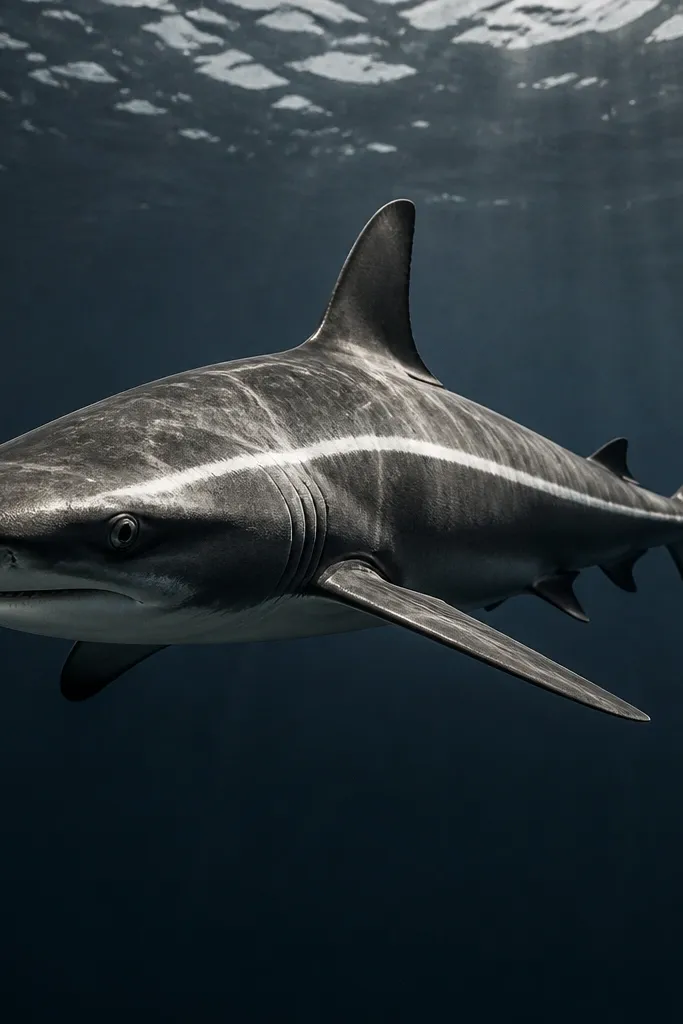 Charcoal shark with a preserved white highlight stripe and smooth smoky shading