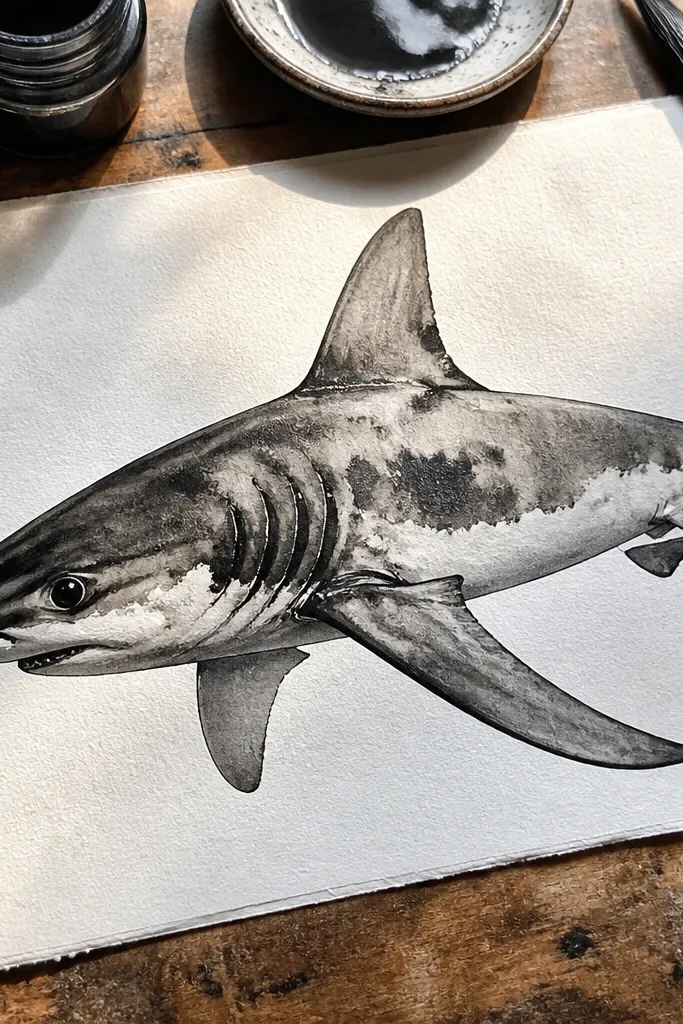Shark drawn in ink with layered transparent washes and darker glazes near gills