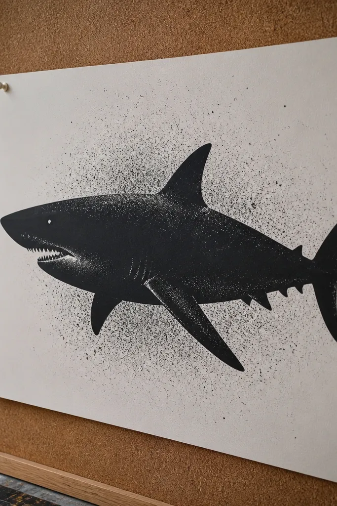 Monochrome stencil shark with controlled spatter and crisp negative space