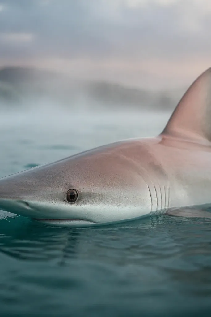 Soft pastel shark with sea mist background and a sharp, dark eye detail