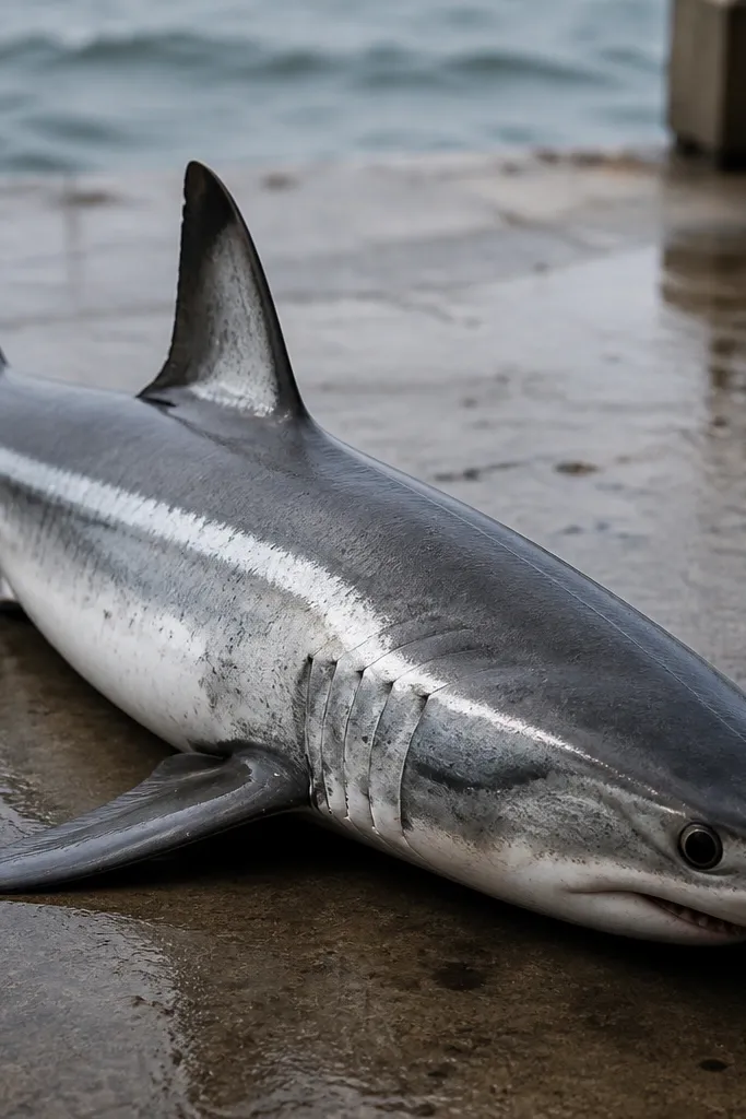 Brushed ink shark with a metallic stripe along the spine and crisp fin shading