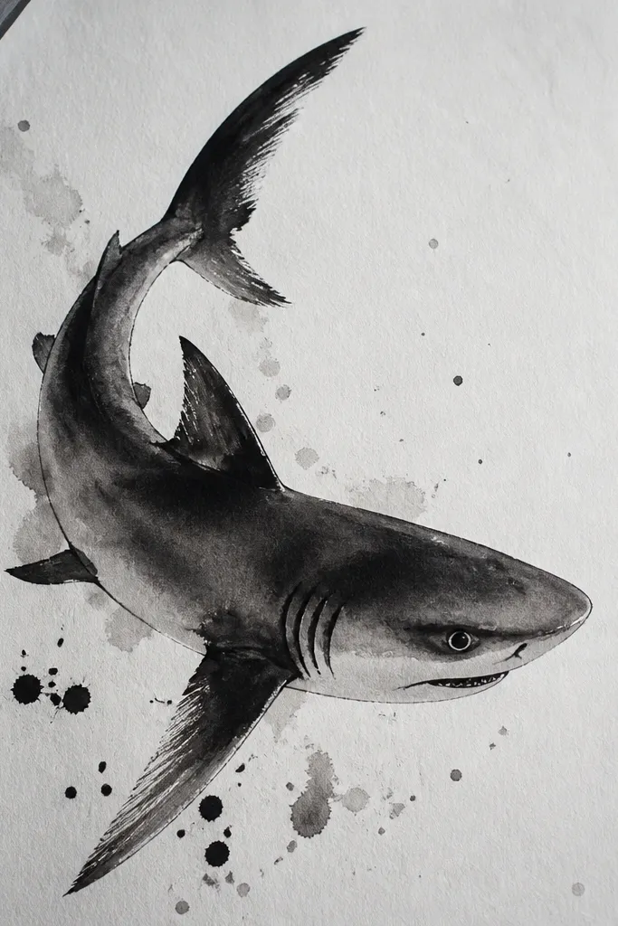 Sumi ink shark with controlled wet bleed edges and dry-brushed highlights on fins