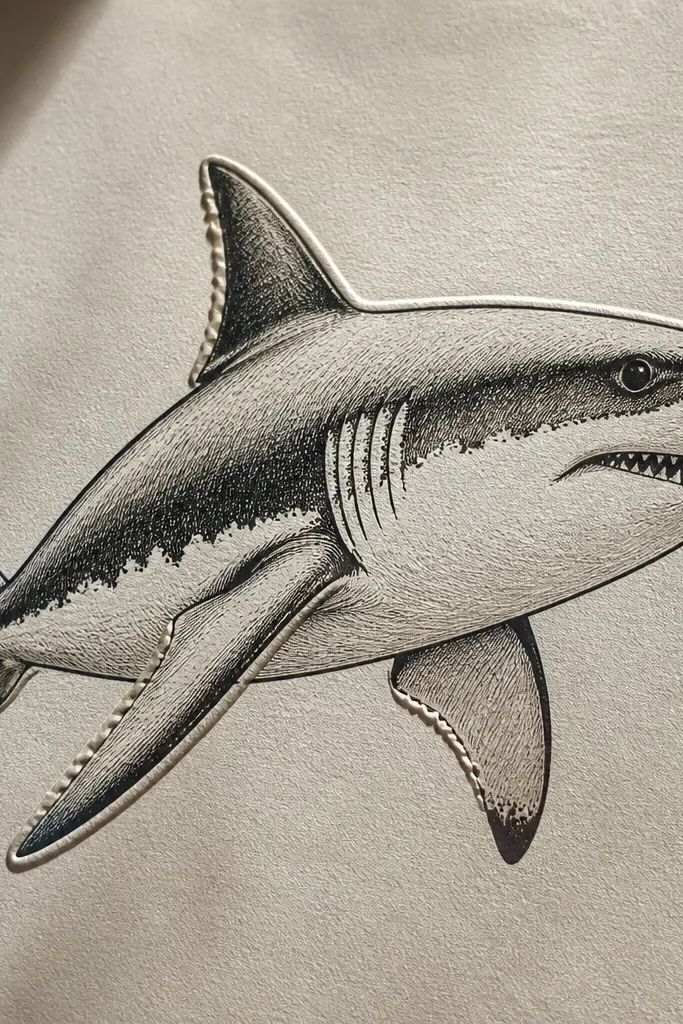 Shark drawing with raised emboss texture on fin edges and clean ink outline
