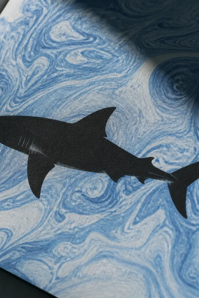 Marbled blue background with a black ink shark silhouette and clean edges