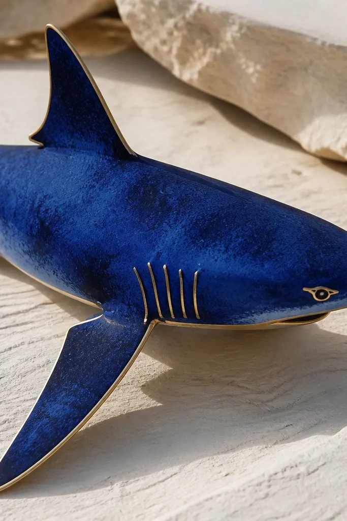 Ultramarine ink shark with fine gold contour lines around fins and gill area