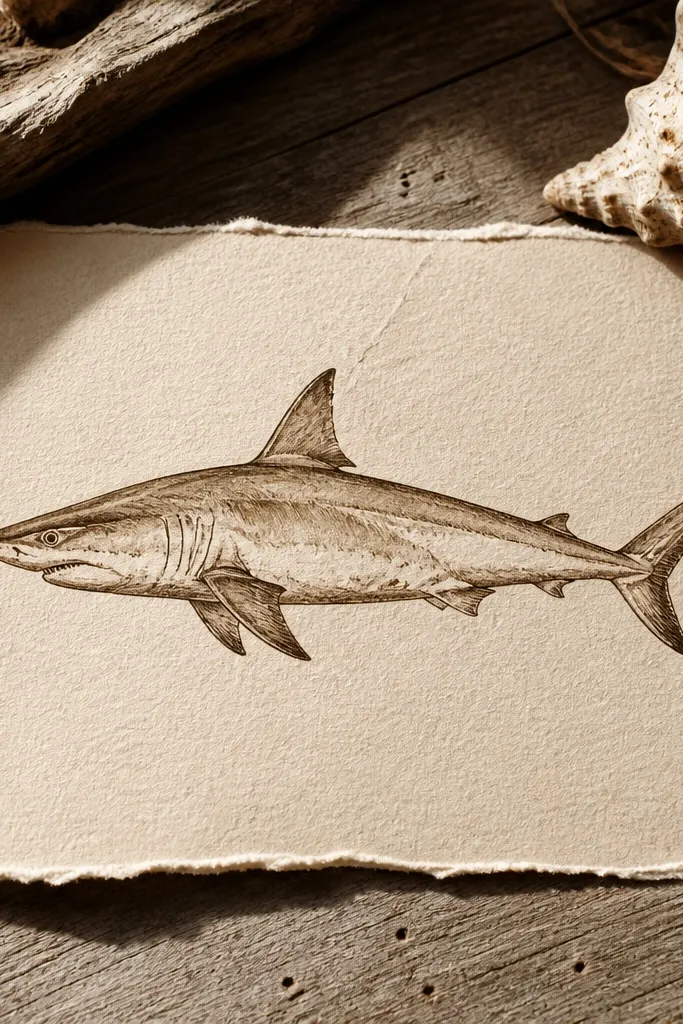 Sepia ink shark drawing on handmade paper with deckle edges and clean negative space