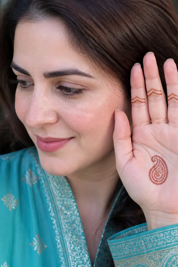 Center paisley on palm with two thin arcs on each finger