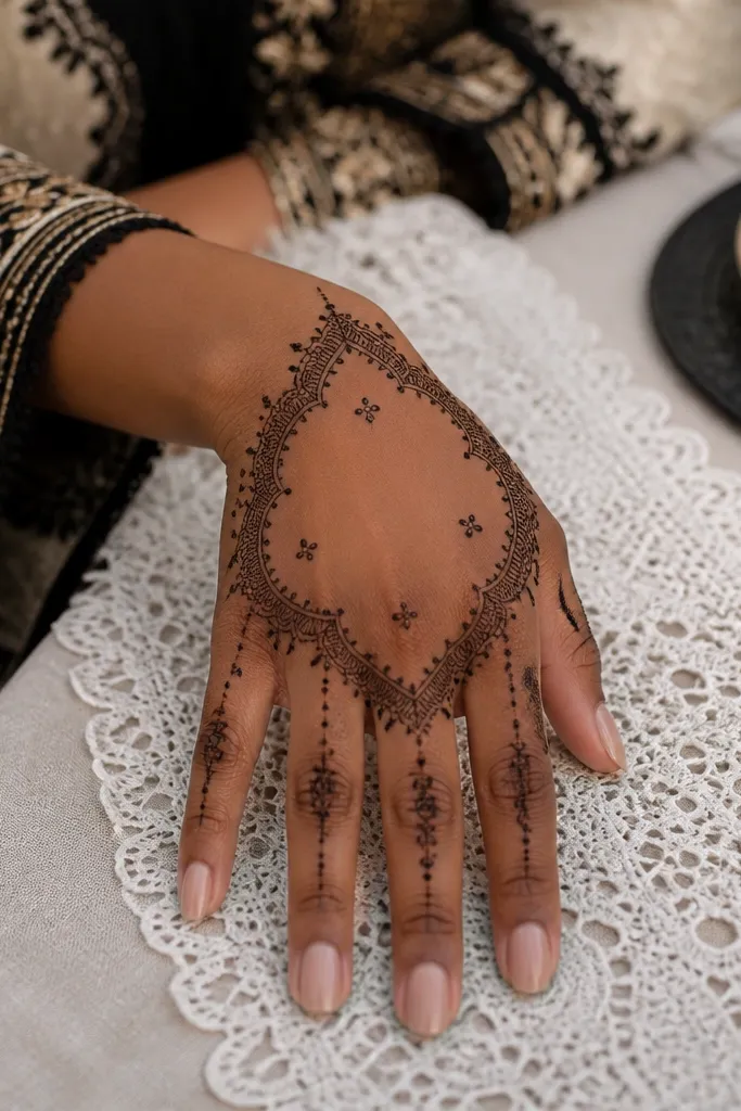 Thin lace-like border framing the palm with small dots