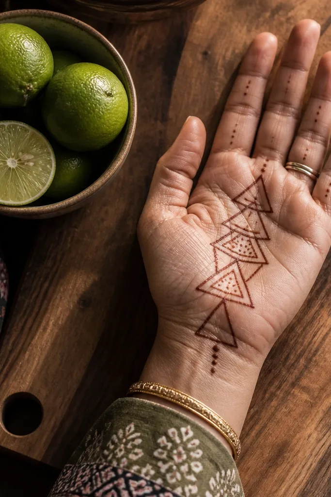 Stacked triangles in the palm center with thin wrist and finger lines
