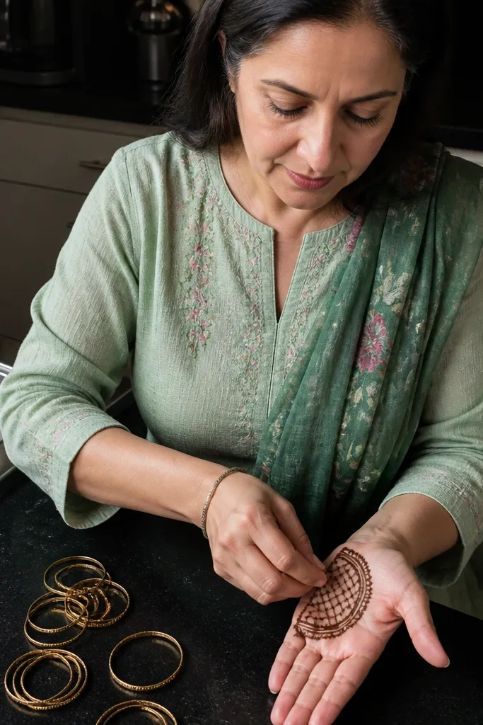Half-moon border across palm with a light dotted net pattern