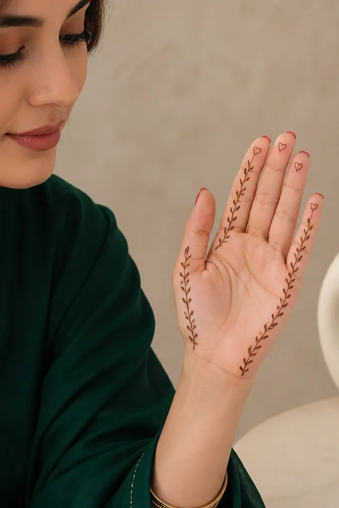 Thin vine border and small heart shapes at finger tips