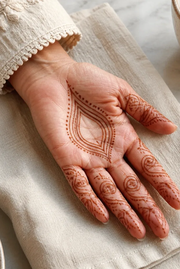 Two teardrops stacked in palm center with thin arcs on fingers