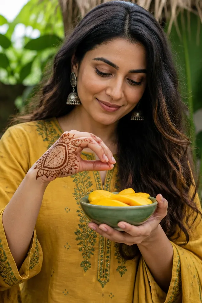 Mango-shaped motif centered on palm with thin outline and light internal dots