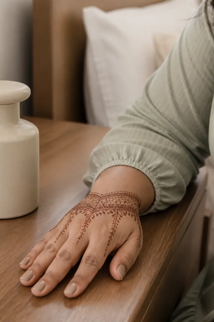 Bracelet band across palm with side vines and dotted fill accents