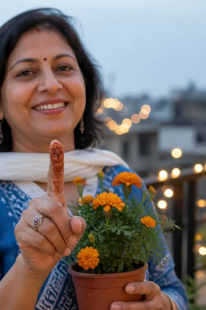 A lotus flower at the fingertip with tiny petals and a thin stem