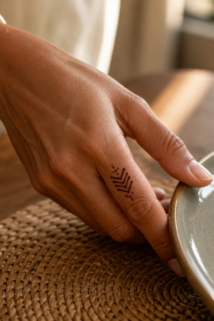 A finger with a stacked chevron band near the middle and small end dots