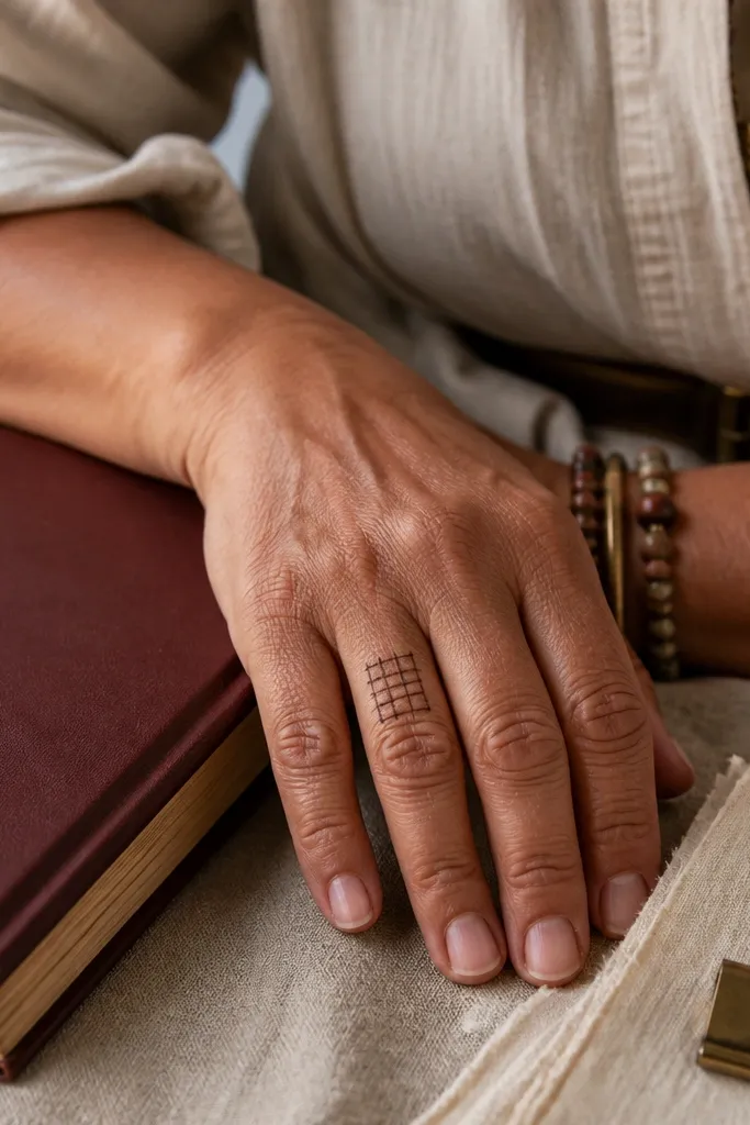 A small grid window pattern on a finger with thin borders and dots at corners