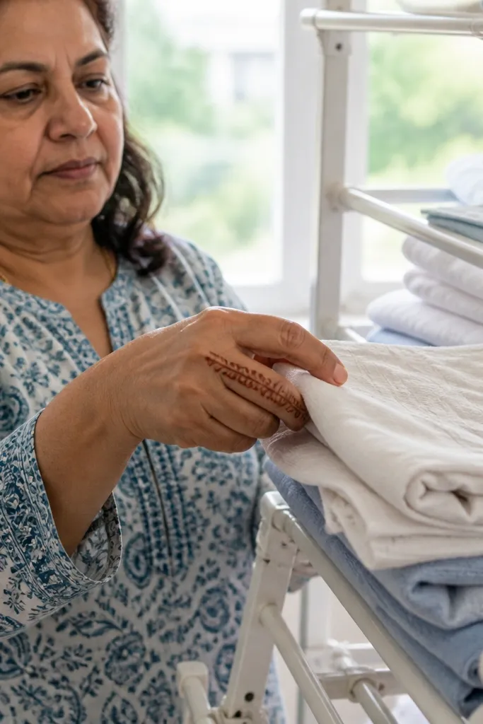 A thin lace-like net strip running down a finger with small loops