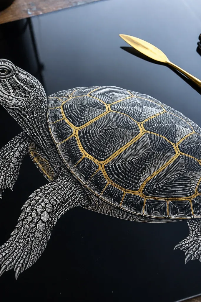 Turtle drawing with bold black shell lines and thin gold edge accents