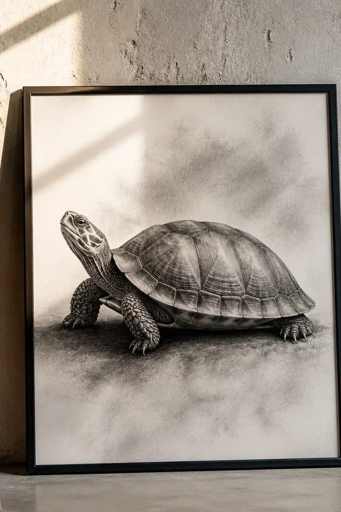 Charcoal turtle with smoky shading and clean darker contour lines