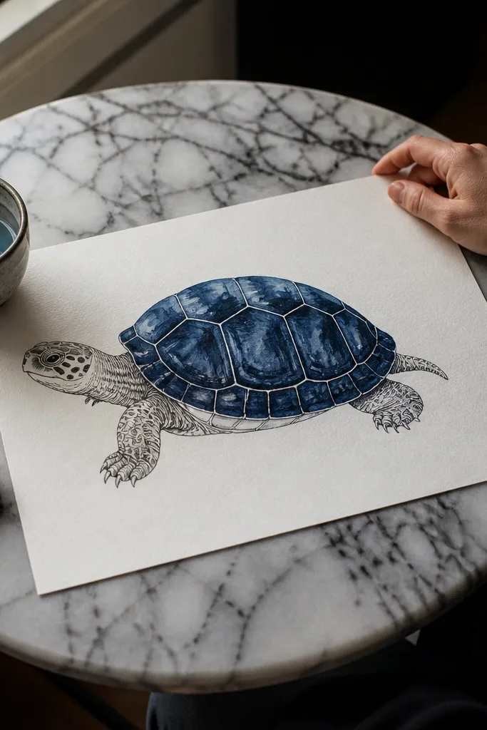 Turtle drawing with dark blue ink lines and translucent blue wash shading