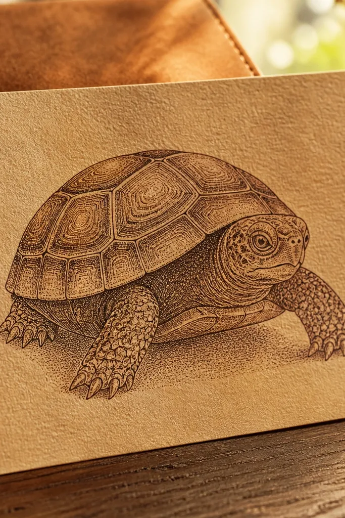 Sepia turtle drawing with leather-like stipple texture on the shell