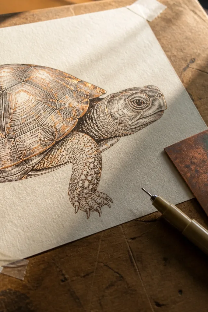 Warm brown turtle drawing with copper-toned wash highlights