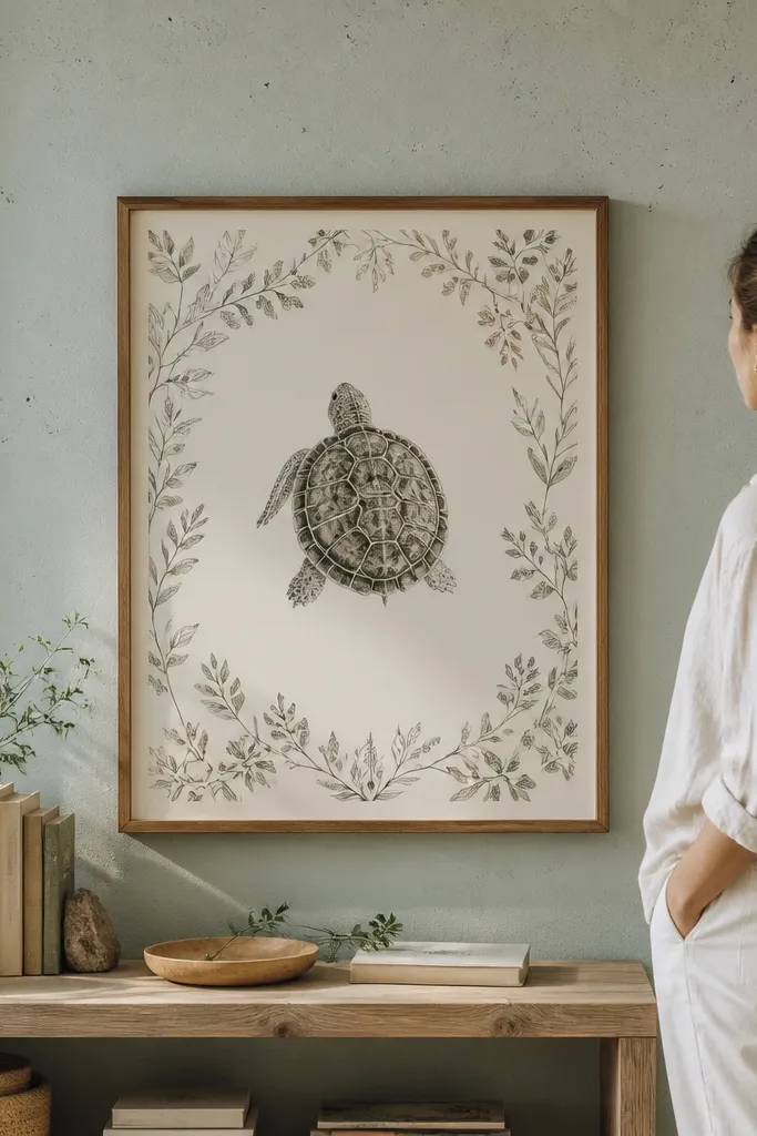 Turtle illustration centered inside a clean botanical frame border