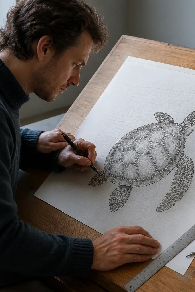 Turtle shell filled with fine crosshatching and grid-like shadow lines