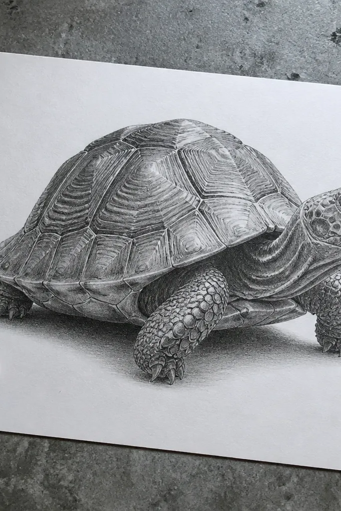Graphite turtle with crisp ridge highlights and smooth graphite gradients
