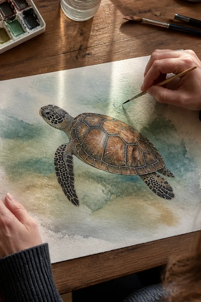 Turtle drawing with ink lines and soft watercolor glow in the shell