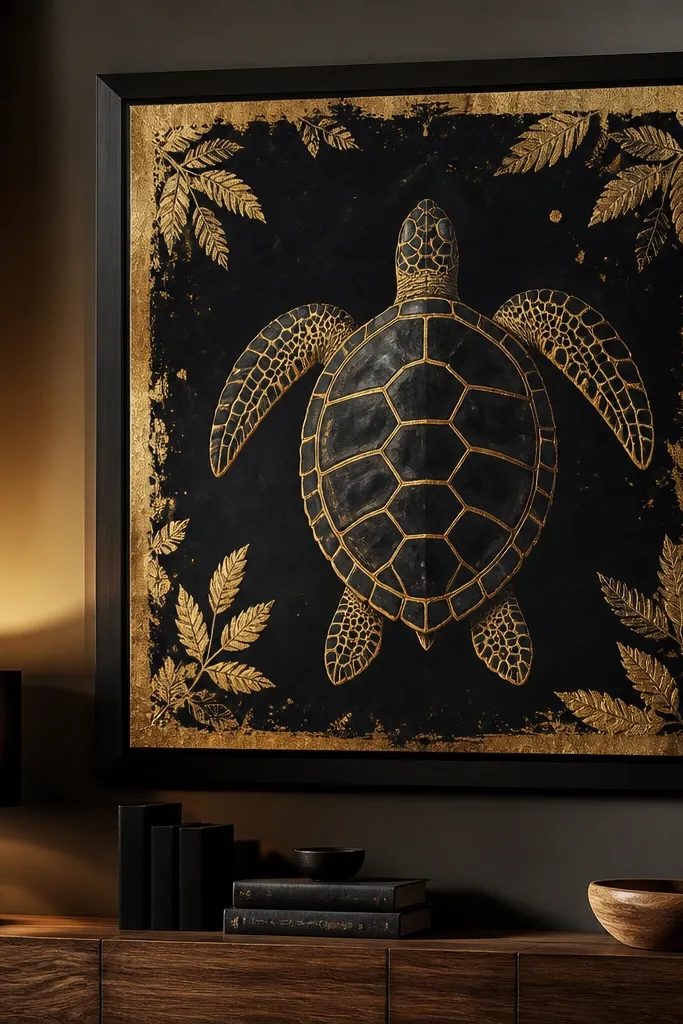 Turtle centered on dark paper with gold border accents
