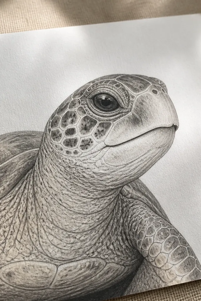 Turtle drawing with tiny ink dots for eye detail and shell micro texture