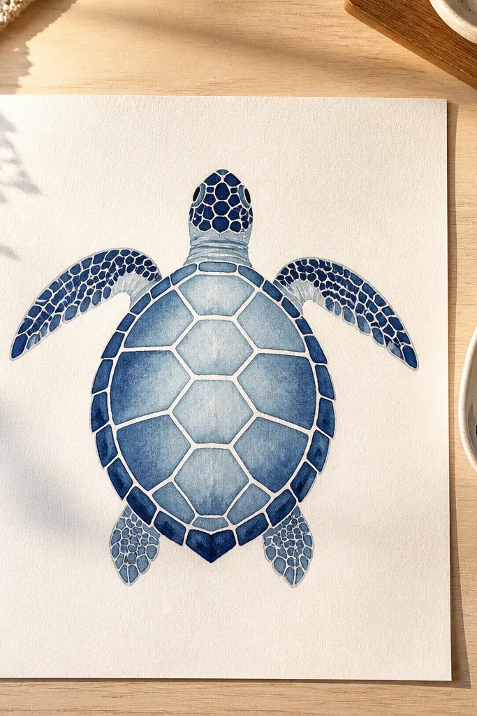 Turtle with two watercolor shell tints and sharp edge control