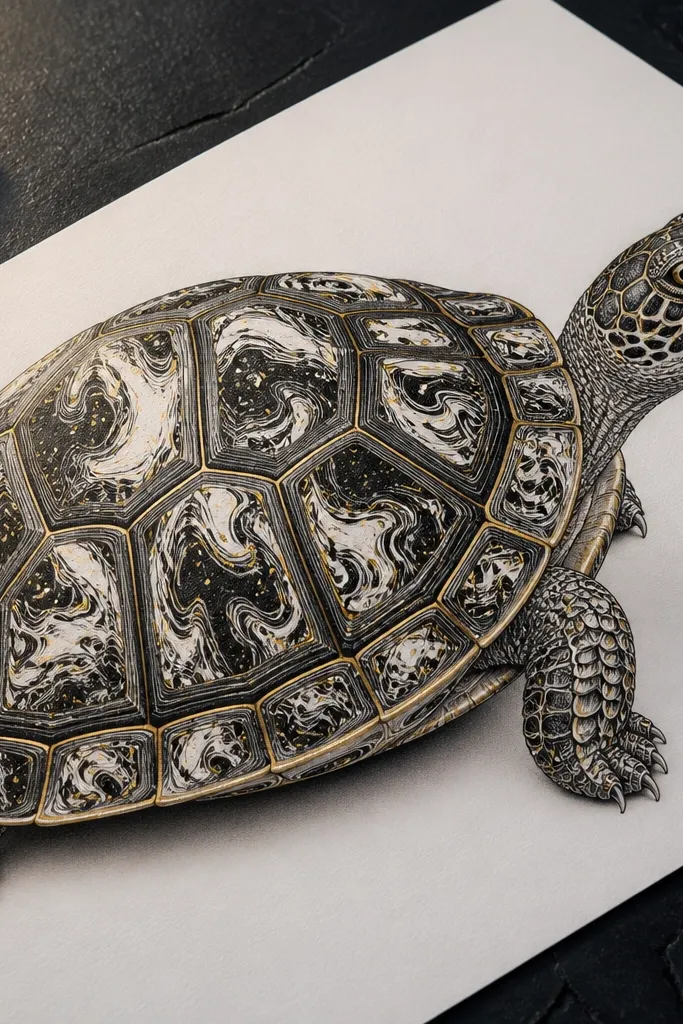 Turtle shell with black marbled segments and thin gold accent lines