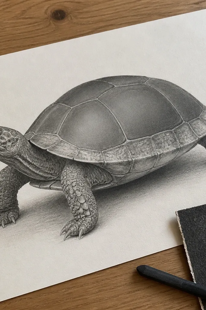 Graphite turtle with dry-brushed shell rim texture and clean highlights
