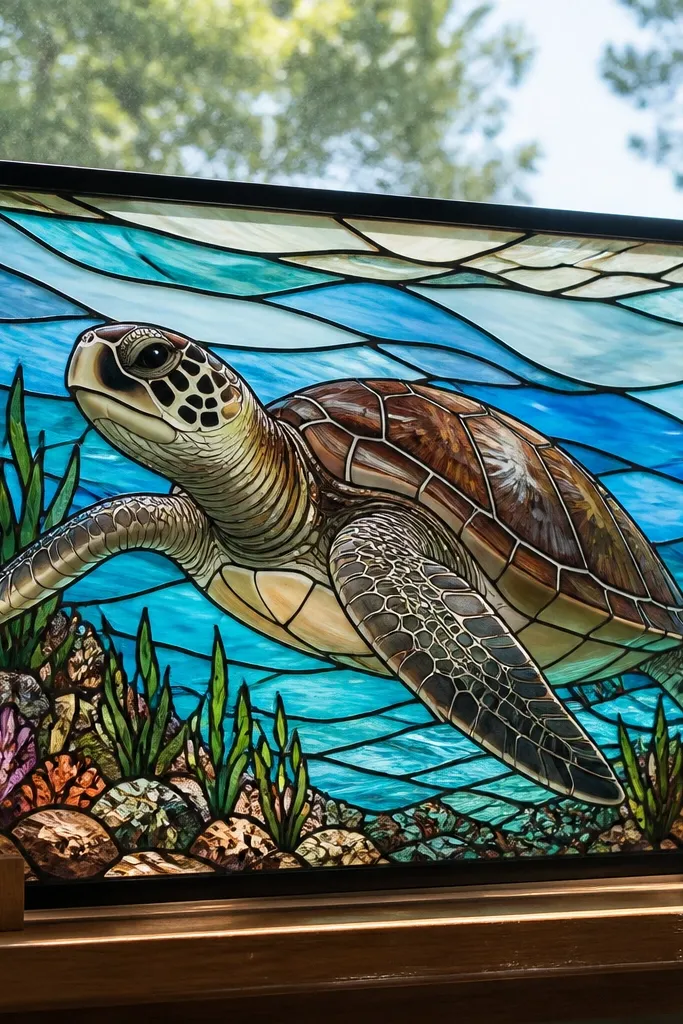Turtle in stained-glass style with lead lines and translucent color panes