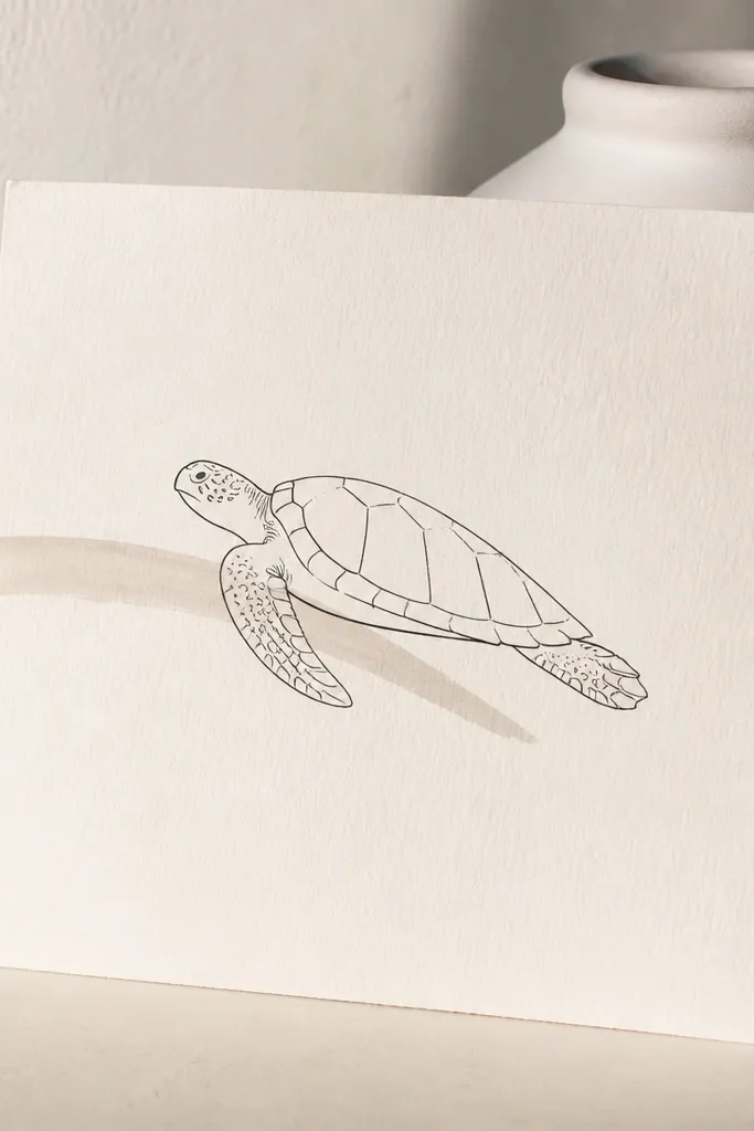 Minimal turtle line drawing with one bold shadow stripe behind it