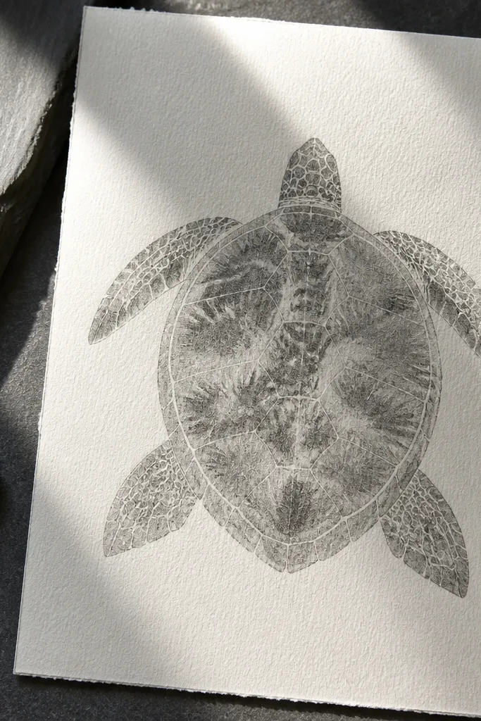 Turtle drawing with marble-like shading from lifted pencil textures