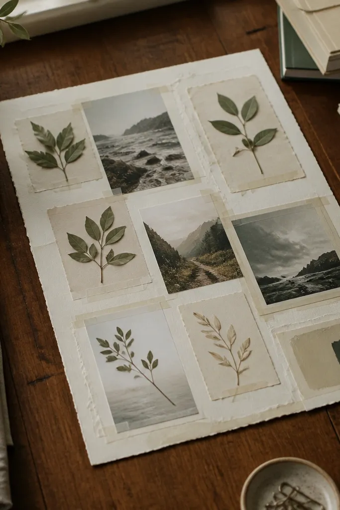Book page collage with framed pressed leaves and muted botanical accents
